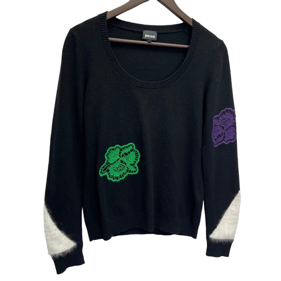 Just Cavalli Sweaters - Just Cavalli Cashmere Angora Black Scoop Neck Knit Pullover Sweater Size…